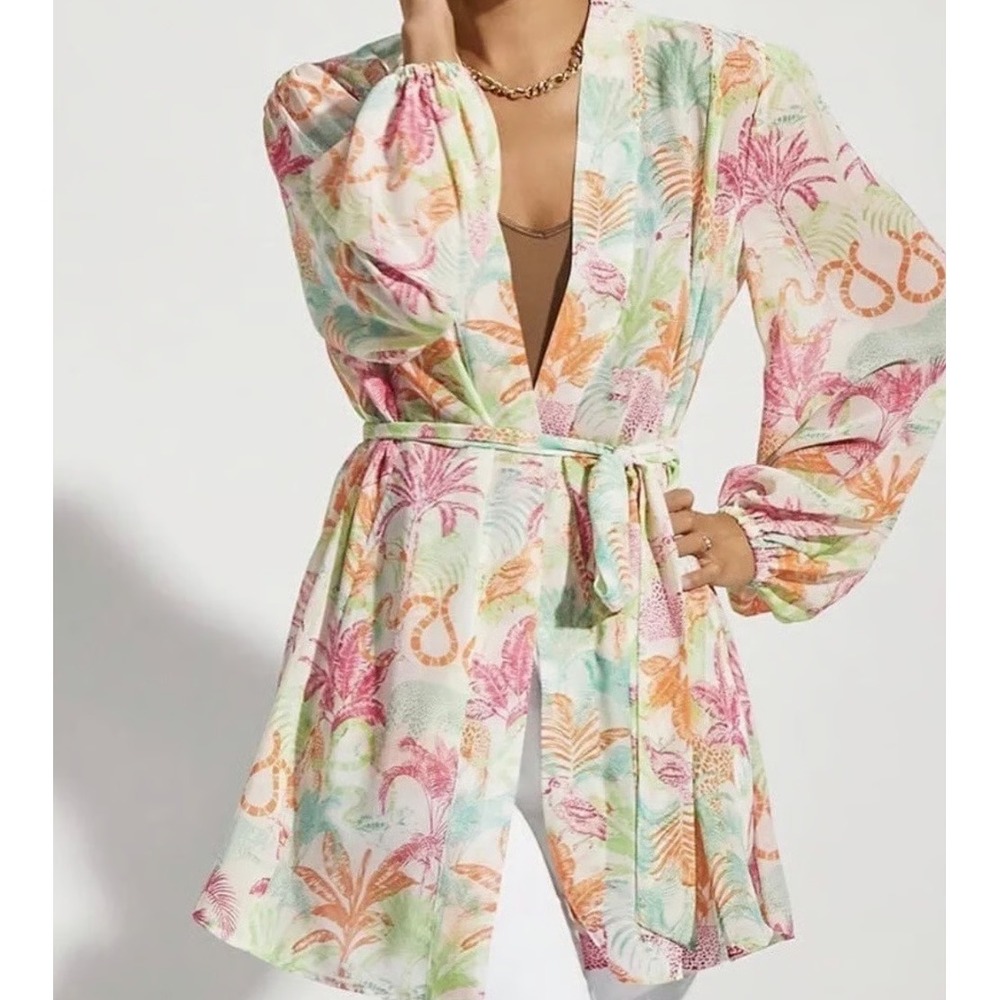 Cabi Womens Sunset Kimono #6185 Chiffon Topper Multicolor Tropical Safari Size S
